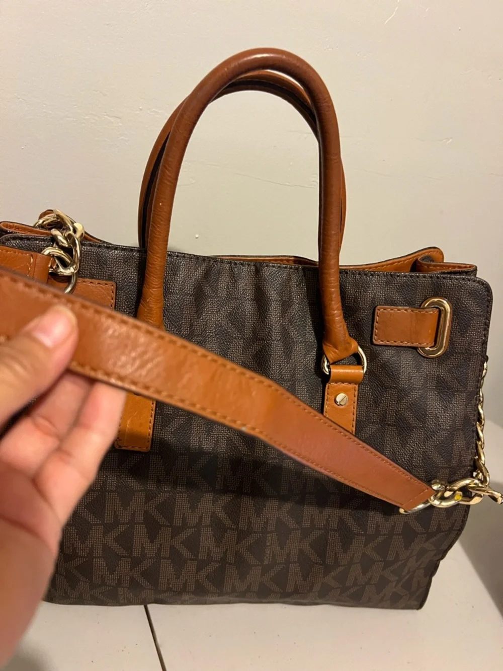 Michael Kors Brown Logo Tote with Tan Leather and Gold Hardware
